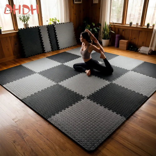 Gym floor mat, anti-slip interlocking rubber exercise mat for home workout in smart yoga mats category, side angle view.