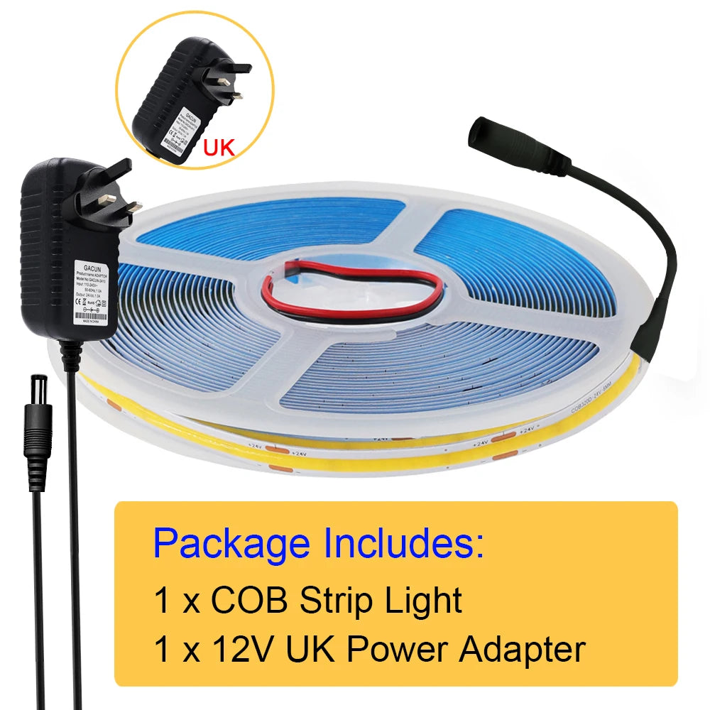 COB LED strip light kit with 12V UK power adapter and inline cable