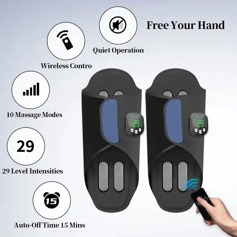 Black EMS foot massager pads with wireless remote, 10 modes, 29 intensity levels, and quiet electric muscle stimulation.