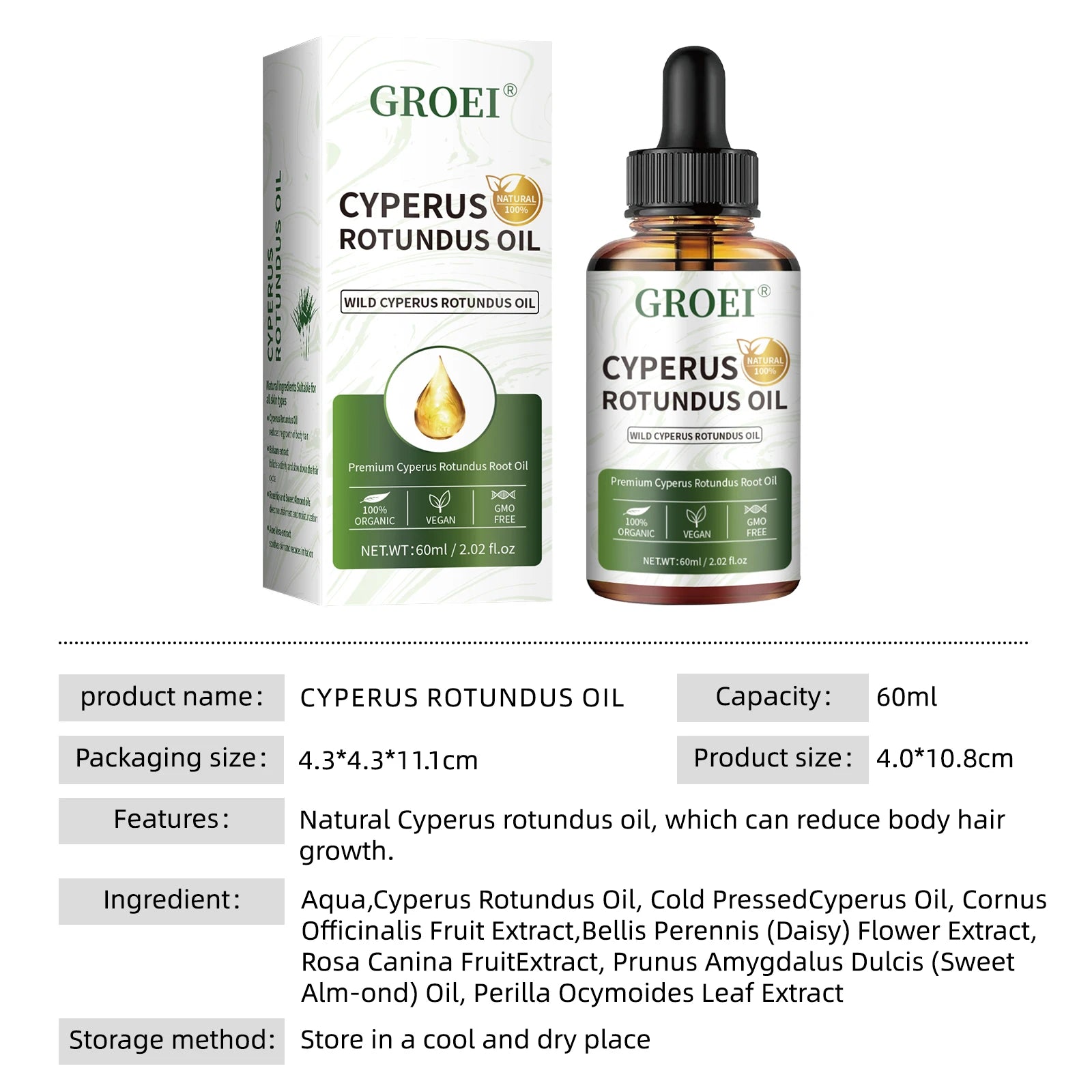 60ml Natural Organic Cyperus Rotundus Oil for Hair Growth Reduction, Post-Shave Care, Vegan & Non-Irritating Skin Moisturizer