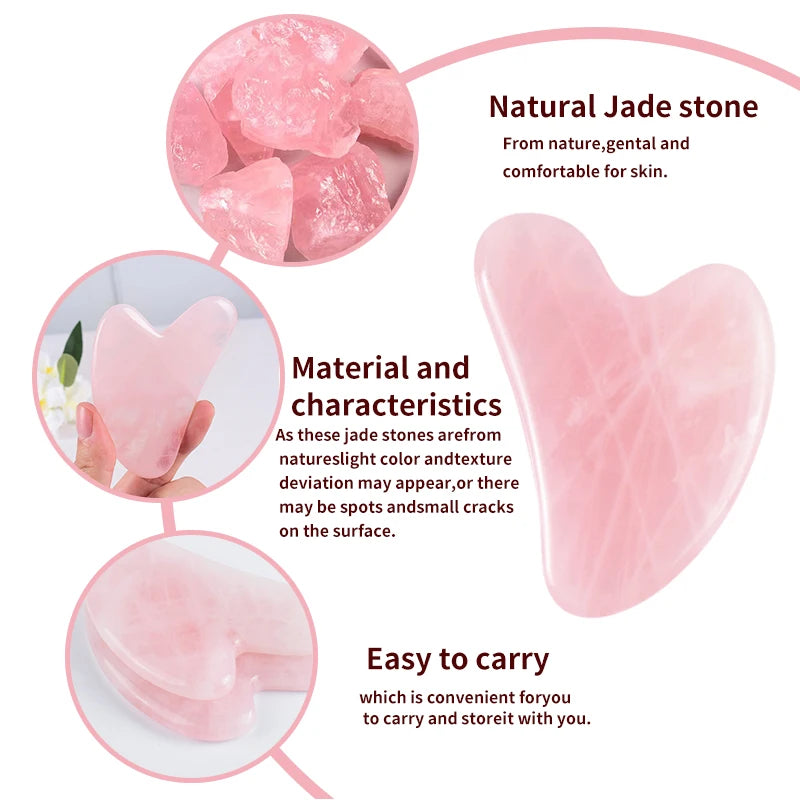 Heart-shaped pink rose quartz Gua Sha massage tool, showing raw stone texture and smooth polished finish.