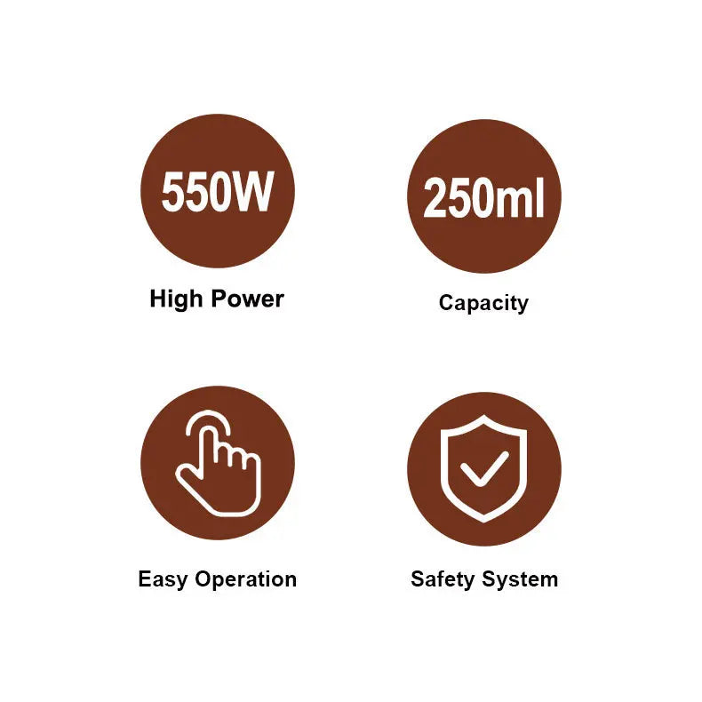 Features of coffee maker: 550W power, 250ml capacity, easy operation, and integrated safety system icons.