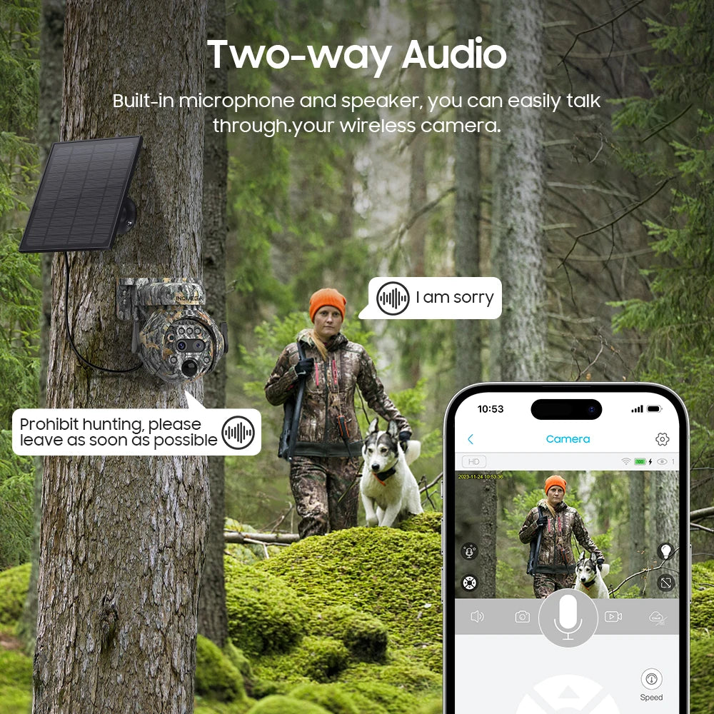 INQMEGA 8MP Solar Powered Camera 4K 4G / WIFI Solar Camera Solar Panel  Security PIR Human Detection Cam in Forest