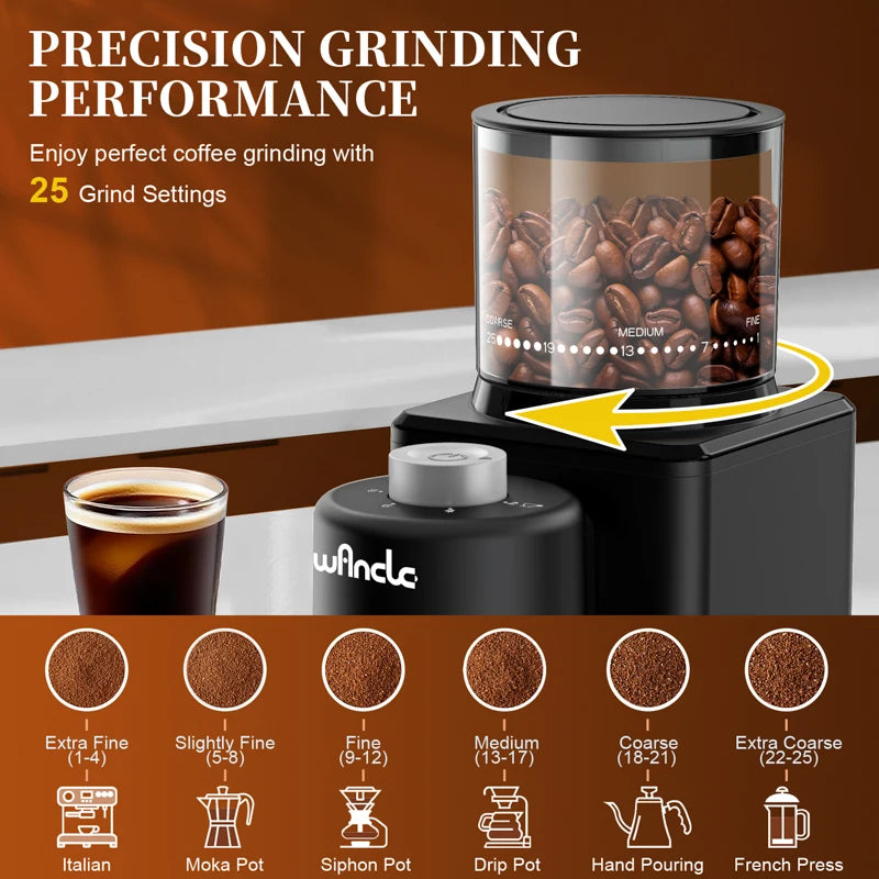 Wancla electric coffee grinder, black, with transparent bean hopper and 25 precise adjustable grind settings.