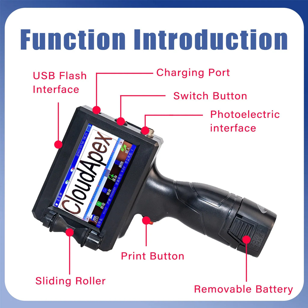 Handheld inkjet printer features panel with USB flash interface and power switch