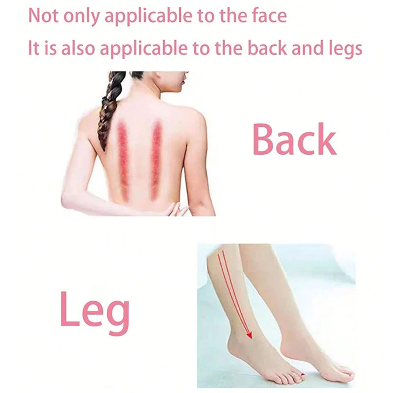 An instructional graphic showing a massage tool used on the back and legs with red directional lines.