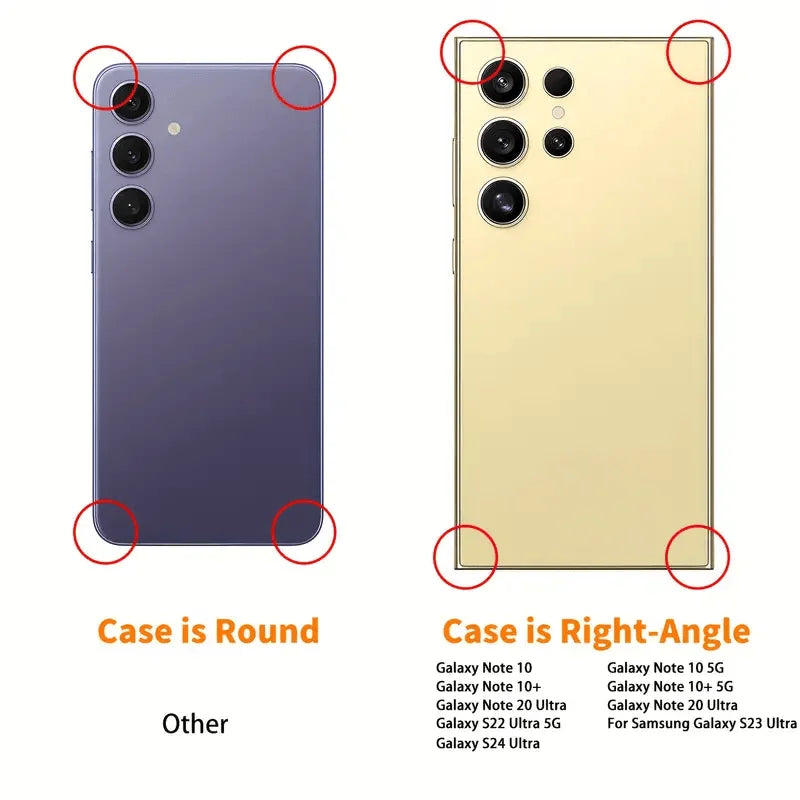 Comparison of rounded and right-angle phone corner designs to help identify compatible phone case shapes.