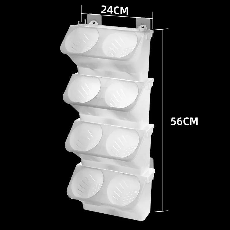 White 4-tier wall planter set: oval cups; 24cm wide, 56cm tall.