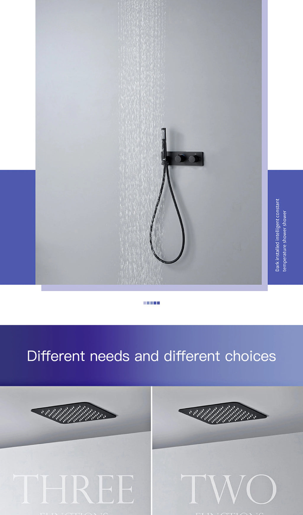 Modern Black Brass Bathroom Thermostatic Ceiling Type Shower System Wall-Mounted 3-Function Waterfall Tap for Cold & Hot Wate