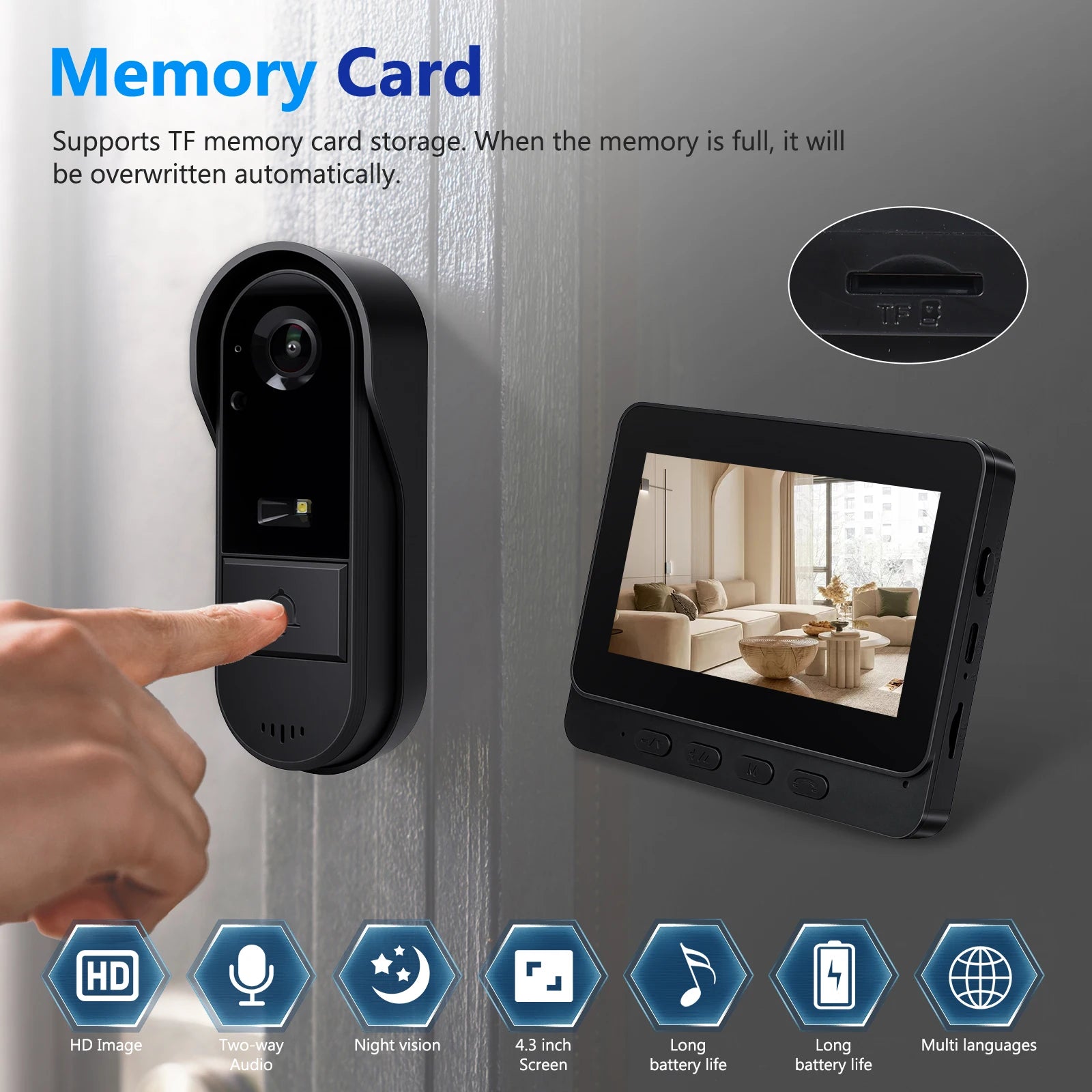 Podofo 4.3in Two-way Intercom Doorbell with 64G Card HD Night Vision IPS Screen Waterproof Visual Doorbell Home Security Video