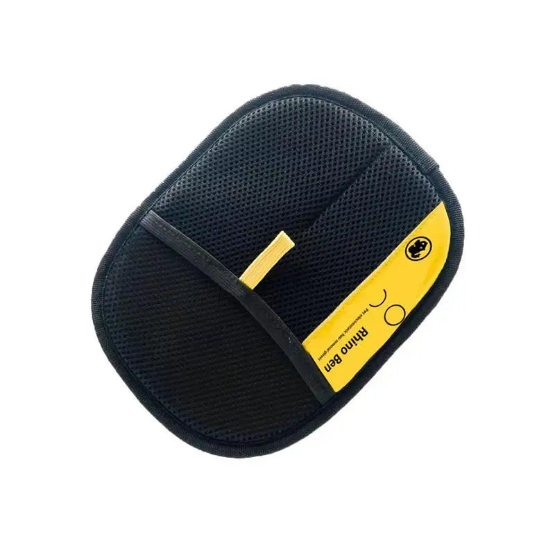 Black and yellow electrostatic pet hair removal glove for cats and dogs. Easy-to-use mesh grooming tool for shed fur.