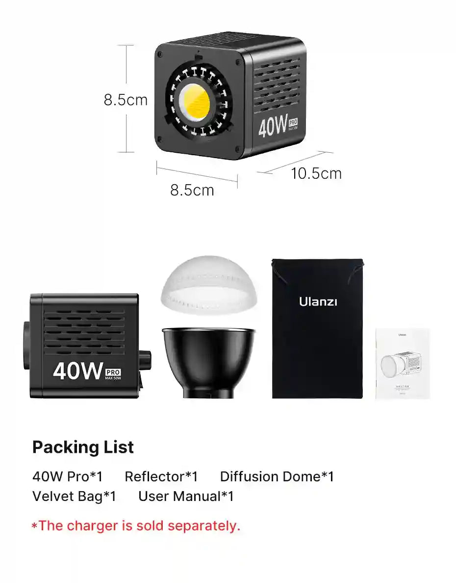 40W Pro LED video light with 8.5x10.5cm black housing, reflector, diffusion dome, velvet bag, and manual.
