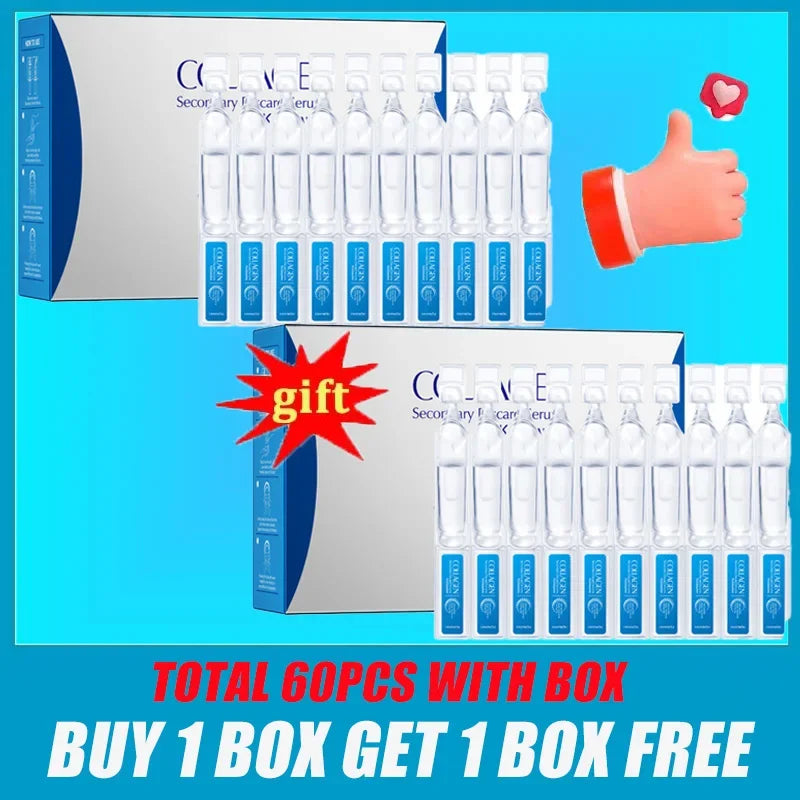 Two boxes of single-use collagen facial serum ampoules with blue labels against a bright blue background.
