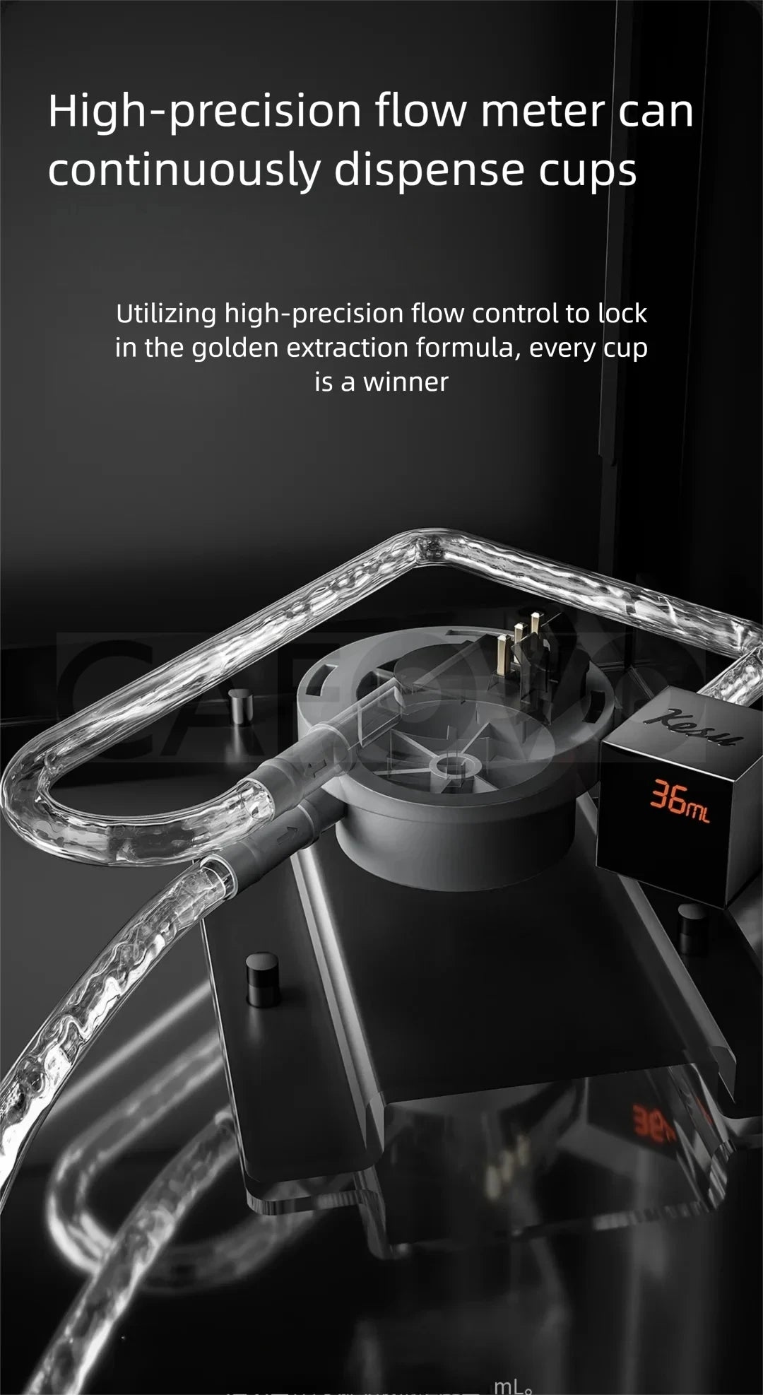 Kesu coffee machine internal flow meter component with clear tubing and digital 36ml display on a black base.
