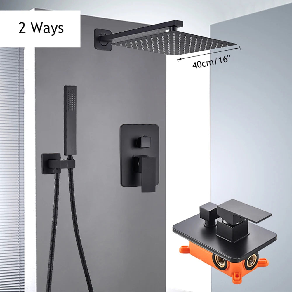 Matte Black Wall Mount Bathroom Shower Faucet 12/16" Rainfall Mixed Hot Cold Water Mixer Shower Tap with Hand Sprayer