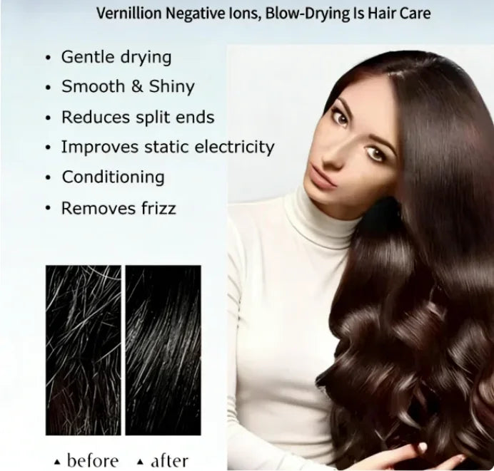 High-speed negative ion hair dryer for frizz-free, shiny hair. Portable, silent, blade-less design for quick drying.