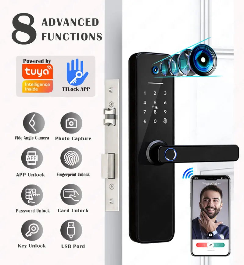 Tuya visual Wifi Digital Electronic Smart Fingerprint Door Lock With Biometric Camera intelligence Card Password Key Unlock