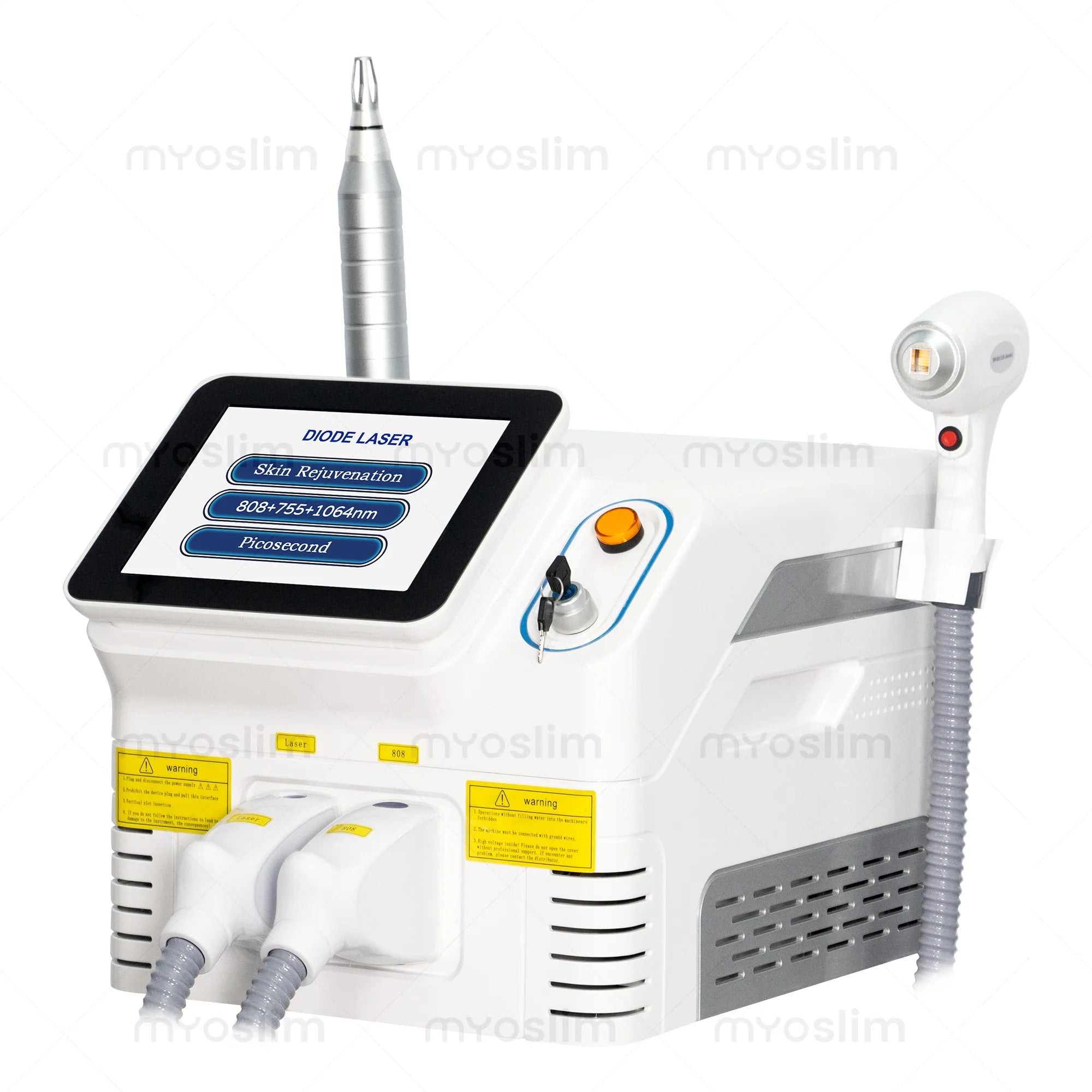 Tidesmit 2-in-1 Diode and Picosecond laser device for painless hair, tattoo, and mole removal with skin rejuvenation.