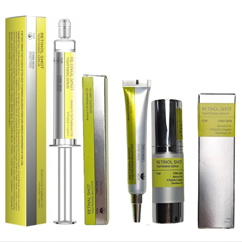 Retinol Shot serum set with tube and dropper bottle, plus boxed containers