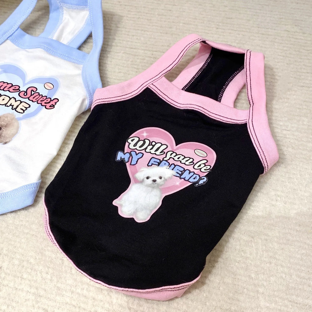 Cute black and pink puppy camisole vest for small dogs like Yorkies. Soft cotton spring pet clothes with heart print.