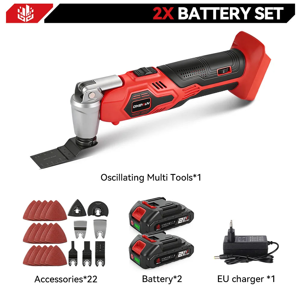 Red oscillating multi-tool with metal head, includes 2 batteries and EU charger