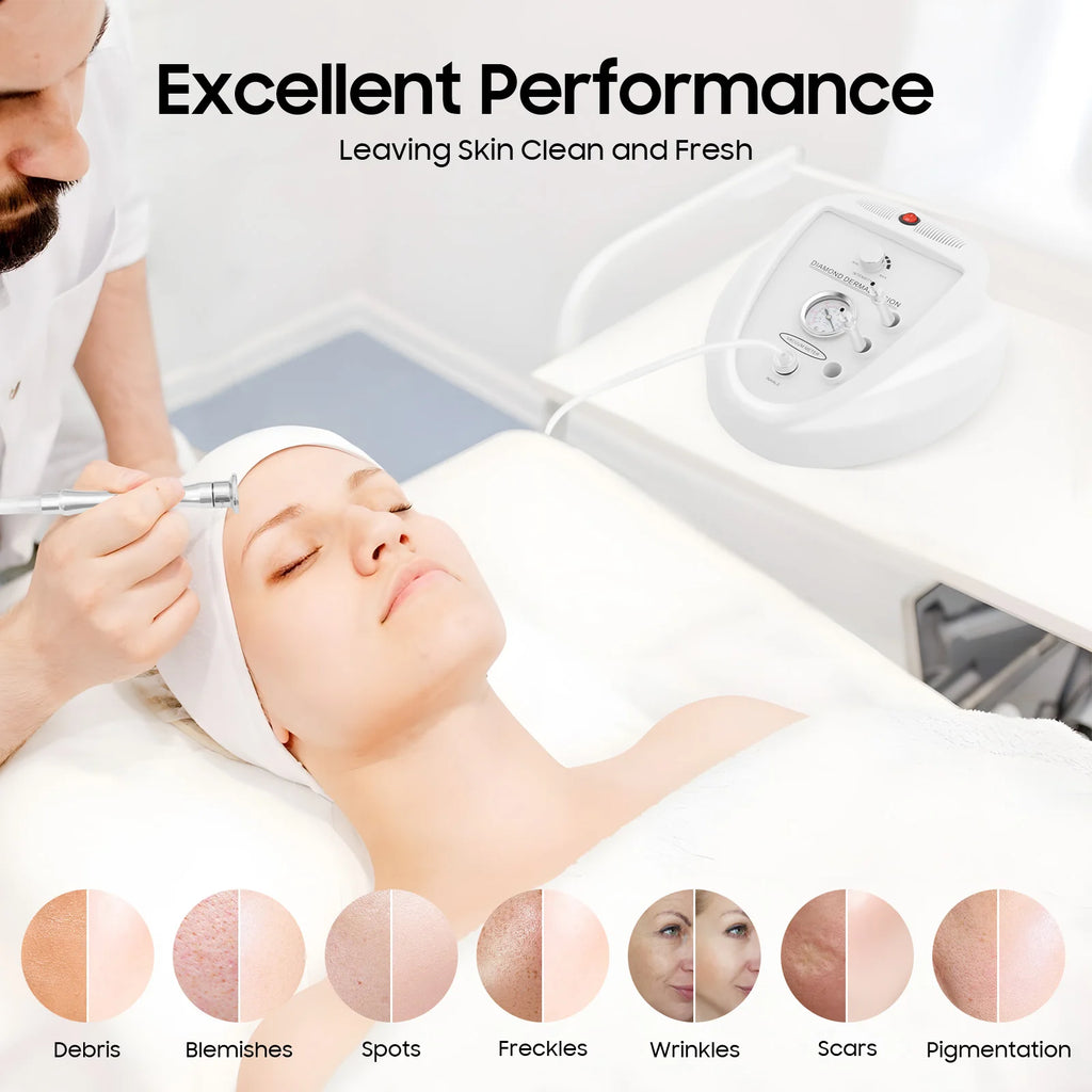 White diamond microdermabrasion machine for skin exfoliation, acne scars, and anti-aging in a salon or home setting.