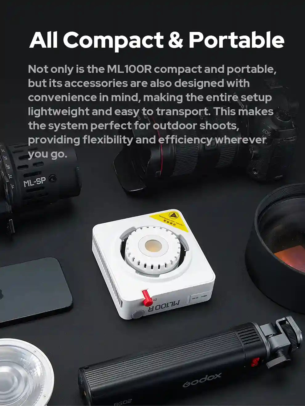 ML100R white square LED light with a center circular mount, positioned on a desk alongside camera photography gear.