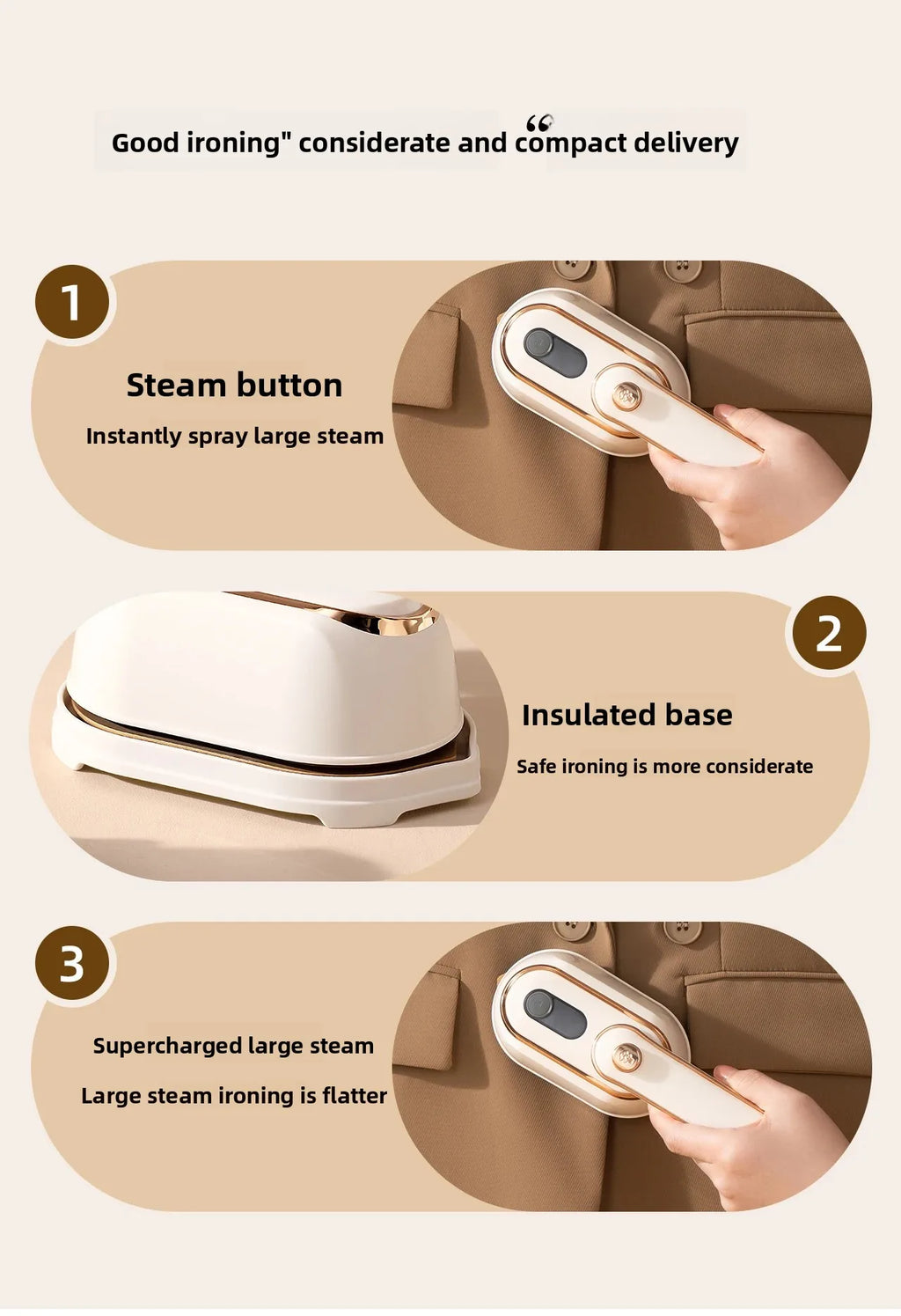 Tidesmit handheld portable steam iron showing dry and wet garment steaming features for home and travel laundry care