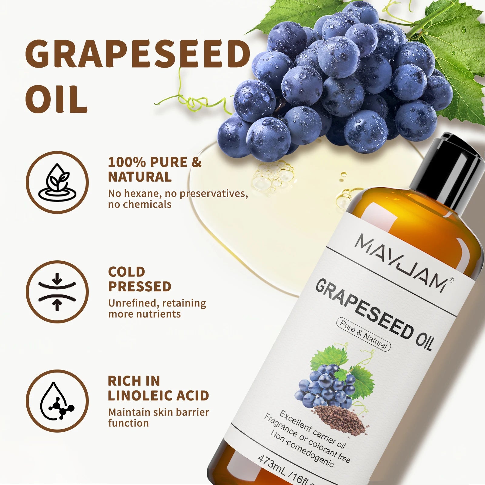 MAYJAM 473ml Castor Jojoba Vegetable Glycerin Grapeseed Fractionated Coconut Pure Natural Carrier Oil for Skin Care & Hair Care
