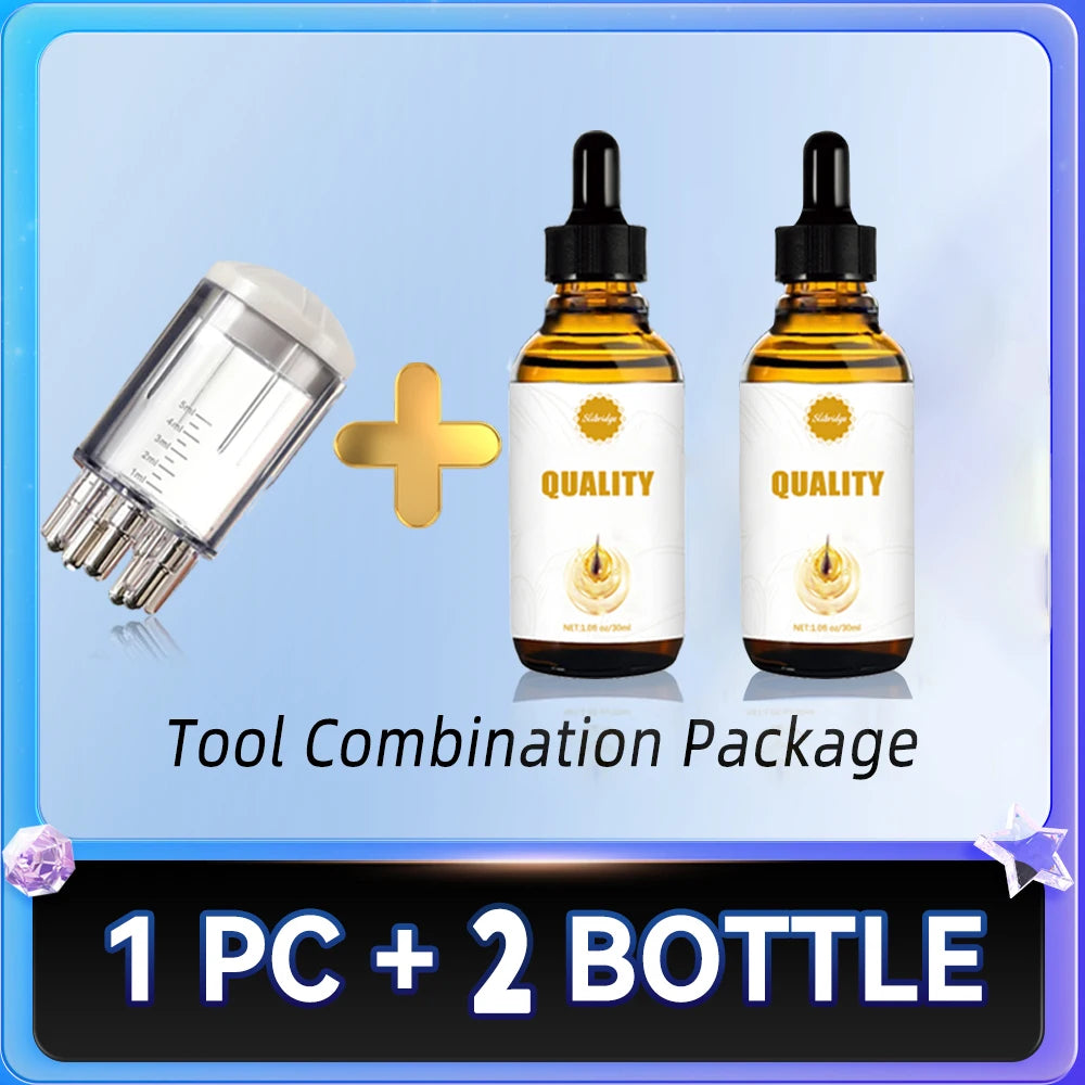 Scalp massager tool with two bottles of hair root conditioner serum for hair growth and scalp health treatment.