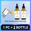 Scalp massager tool with two bottles of hair root conditioner serum for hair growth and scalp health treatment.