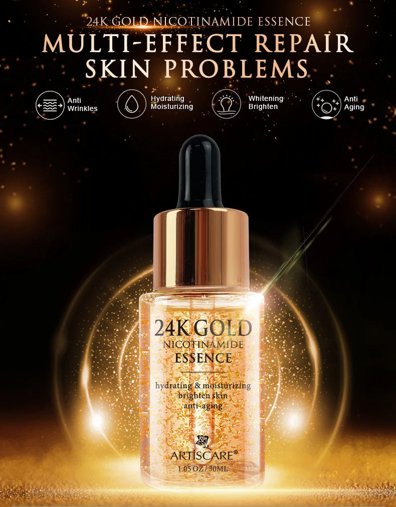 ARTISCARE 24K Gold Nicotinamide Essence dropper bottle for anti-aging, hydrating, and brightening facial skin care.