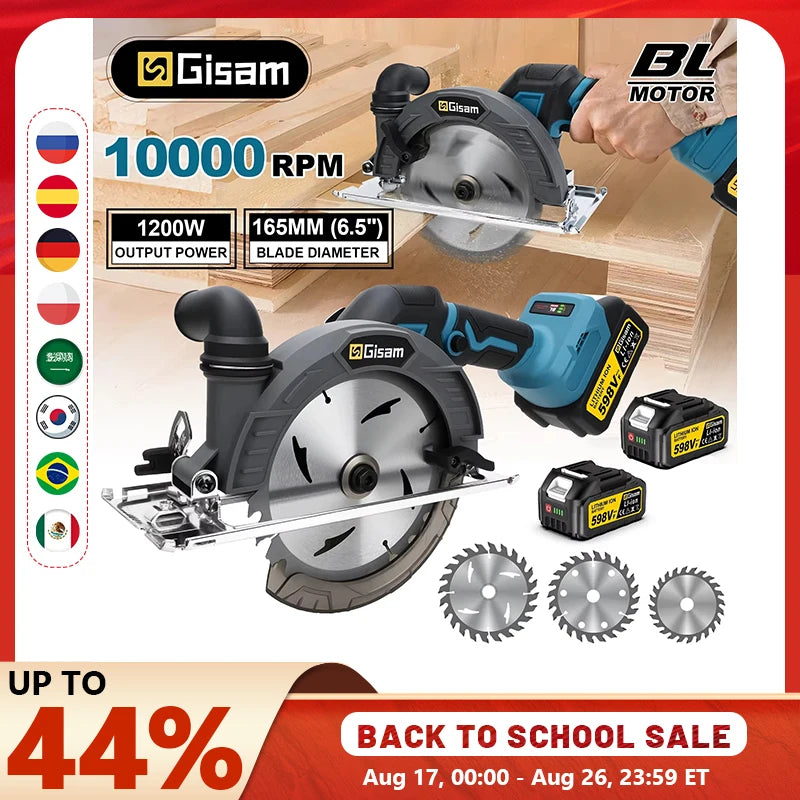 Gisam 165mm 10000RPM Brushless Electric Circular Saw Cordless Adjustbale Angle Woodworking Power Tool For Makita 18v Battey Pins