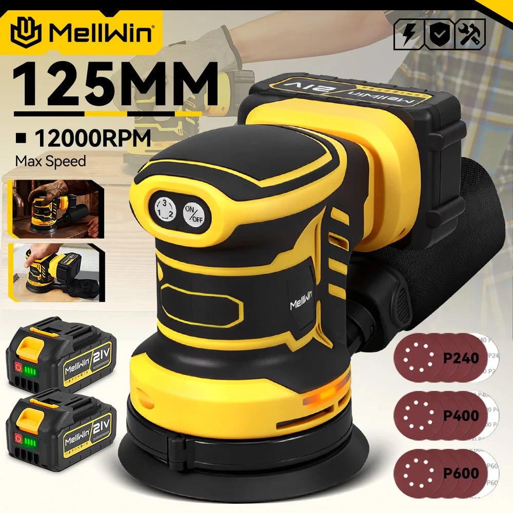 MELLWIN 125MM Electric Orbital Sander Polisher 3 Speeds Adjustable Wood Metal Sanding Polishing Tool For Makita 18V Battery Pin