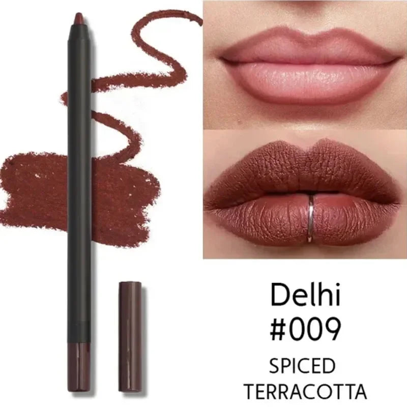 Matte terracotta brown lip liner pencil, waterproof, long-lasting, with smooth pigment and swatch on lips.