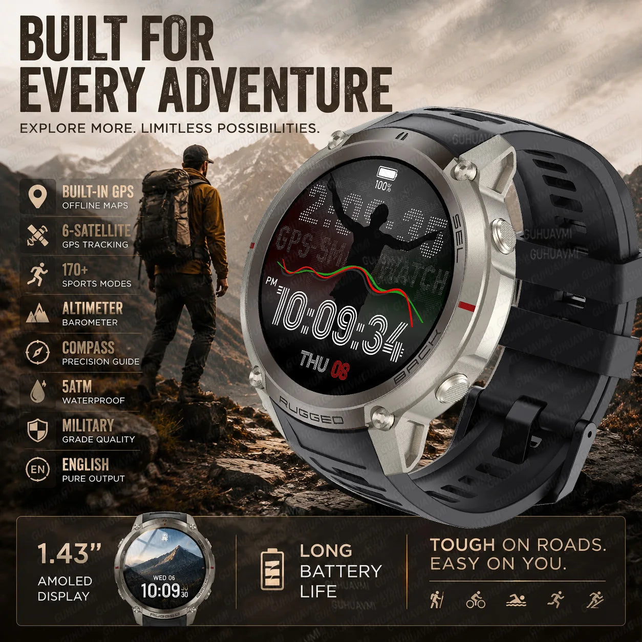 Dark gray sports smart watch with rugged strap and map/route watch display