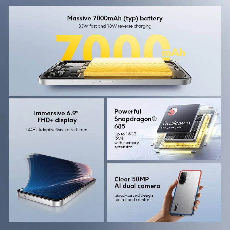 POCO M7 Global Version Smartphone Snapdragon 685 6.9-inch 144Hz FHD+ Display 7000mAh Battery NFC 33W Fast Charging NFC