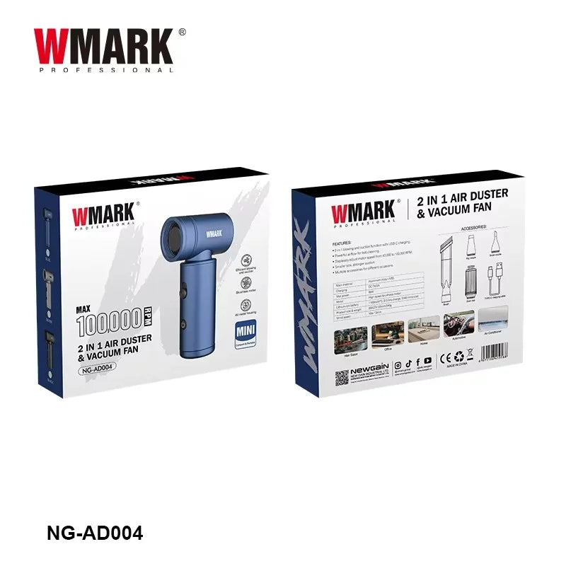 WMARK NG-AD004 blue cordless handheld vacuum & air duster for barbers with attachments, 100k RPM, and metal design.
