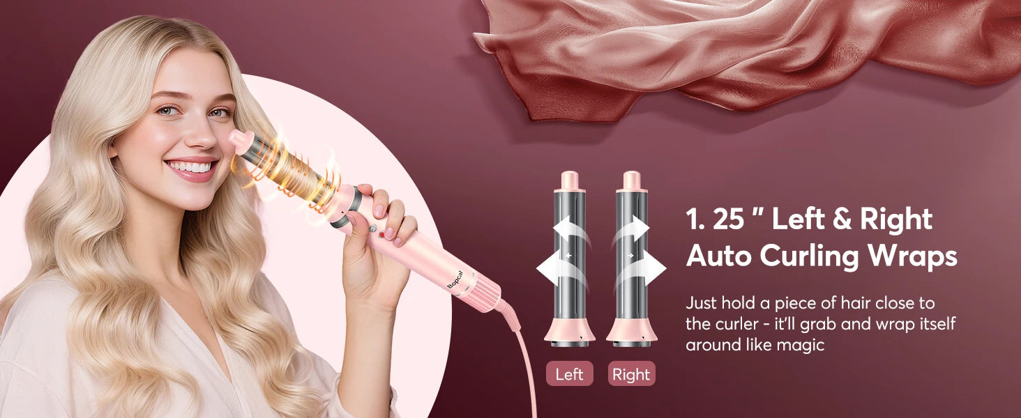 Pink 5-in-1 auto-wrap hair styler and dryer with 1.25-inch curling attachments for frizz-free, salon-quality styling.