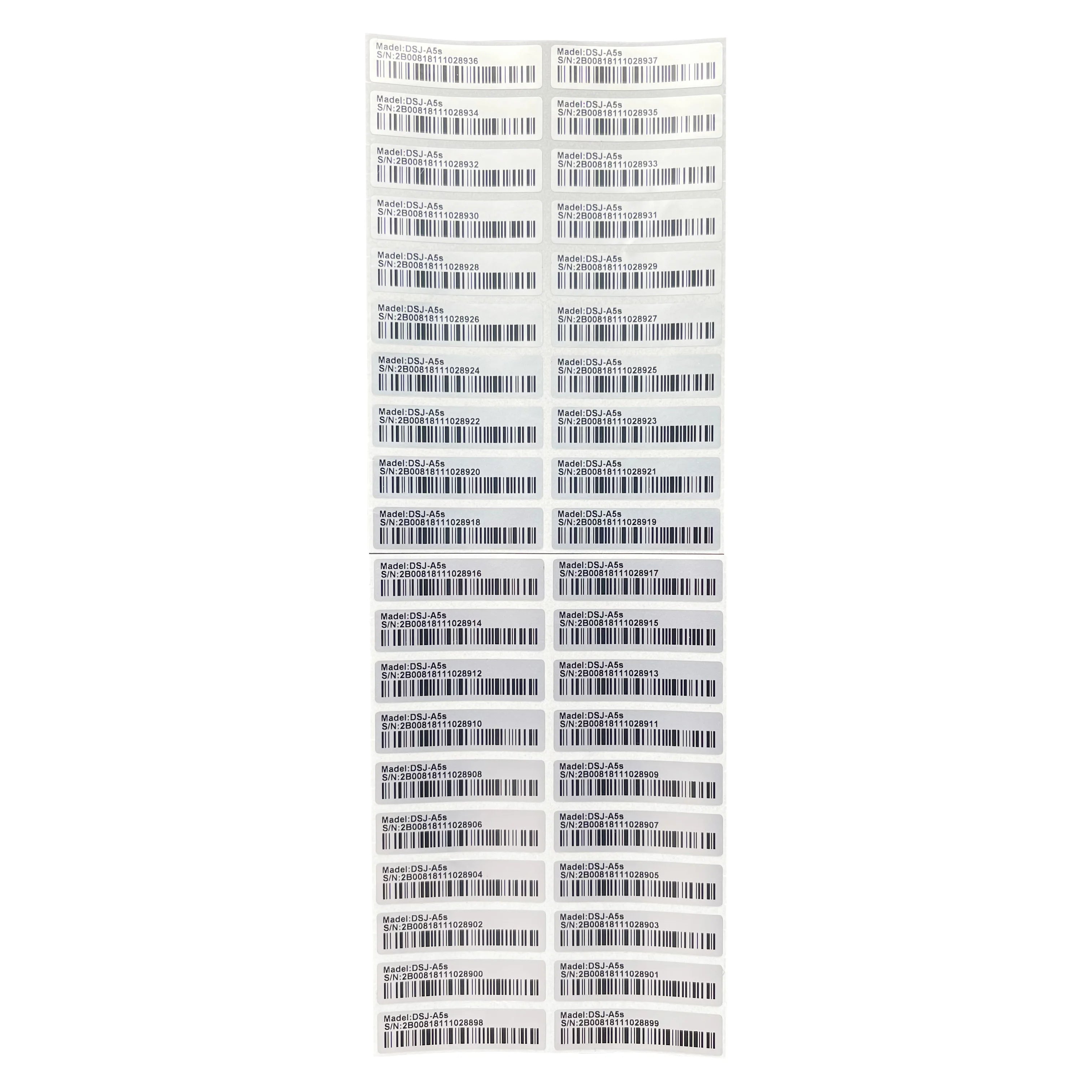 100pcs matte silver PET barcode 128 labels, 40x10mm. Durable, fade-resistant packaging stickers for pet product tracking.