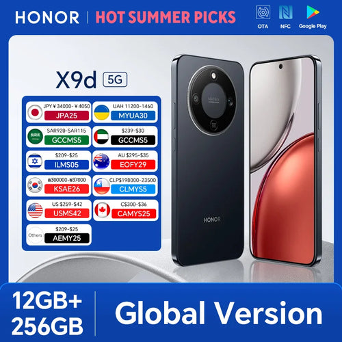 HONOR X9d 5G smartphone, 12GB+256GB, black finish, front and back view, 108MP camera, AMOLED screen, global version.