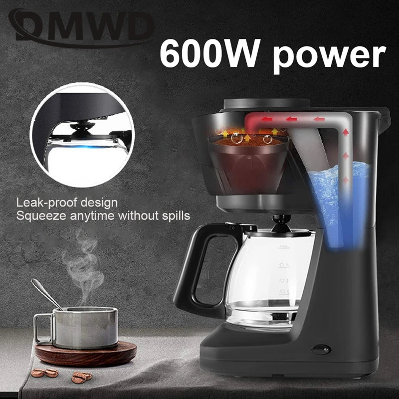 OMWD 600W black drip coffee maker with glass carafe and leak-proof design for spill-free brewing.