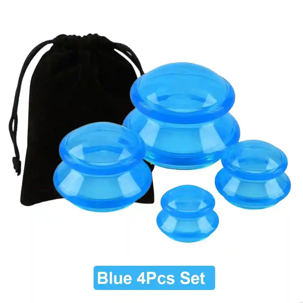 Four blue, dome-shaped silicone suction therapy cups of varying sizes with a black drawstring storage pouch.
