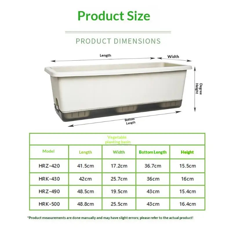 White rectangular self-watering planter box with built-in drainage tray, plastic design.