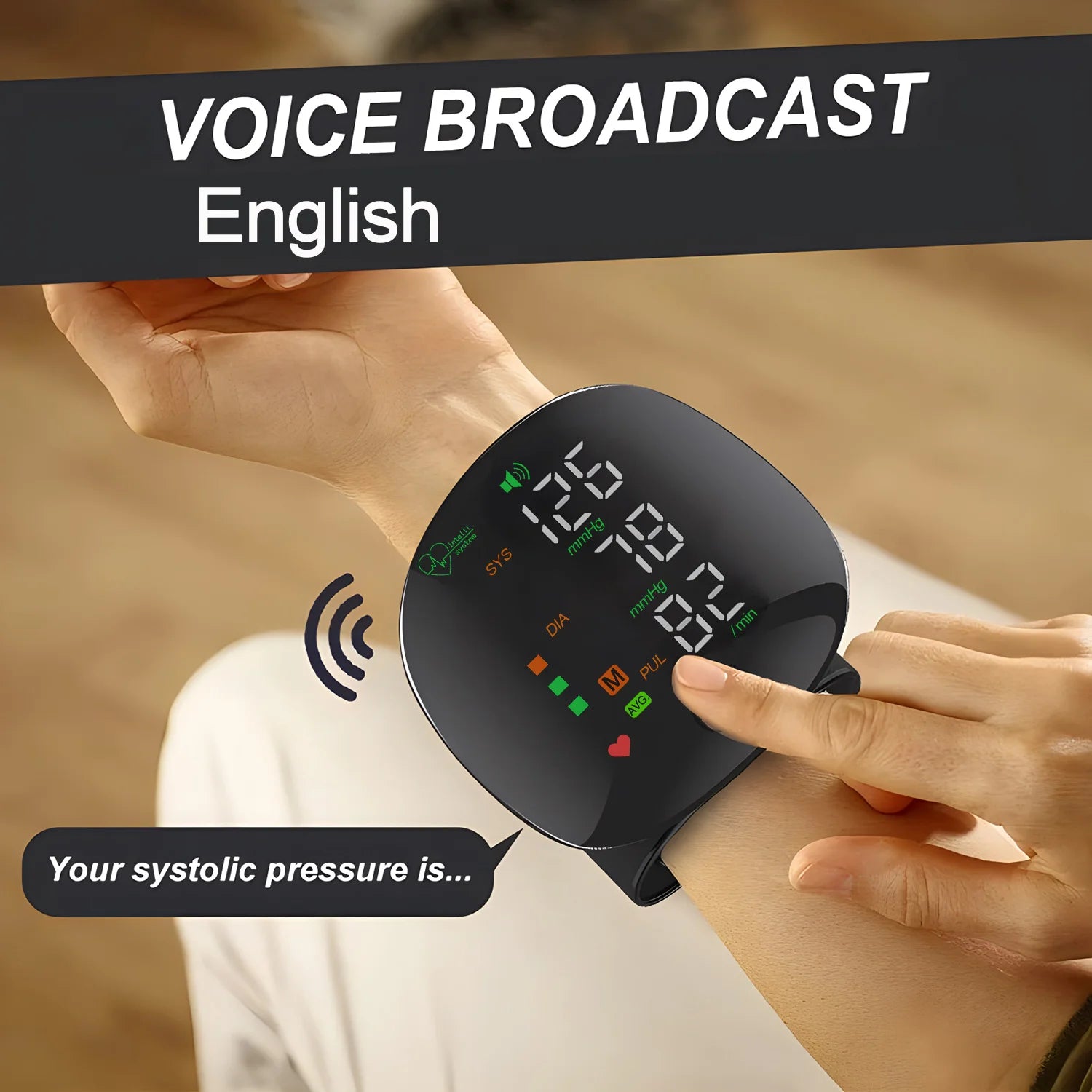 Touch Screen LED Rechargeable Wrist Blood Pressure Monitor English Voice Broadcast Tonometer BP Monitor Pulse