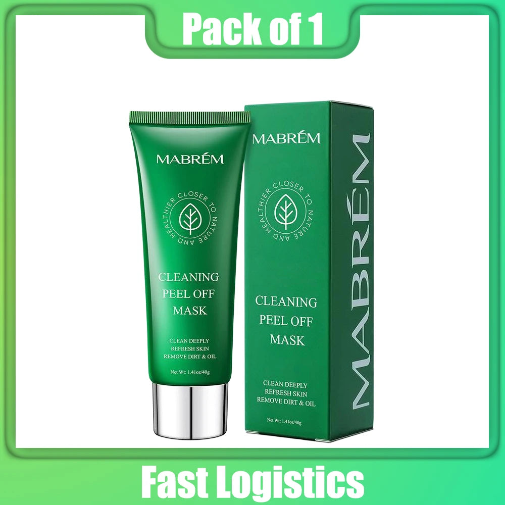 MABRÉM deep cleaning peel-off mask in a green tube and matching box with leaf logo on a light green background.