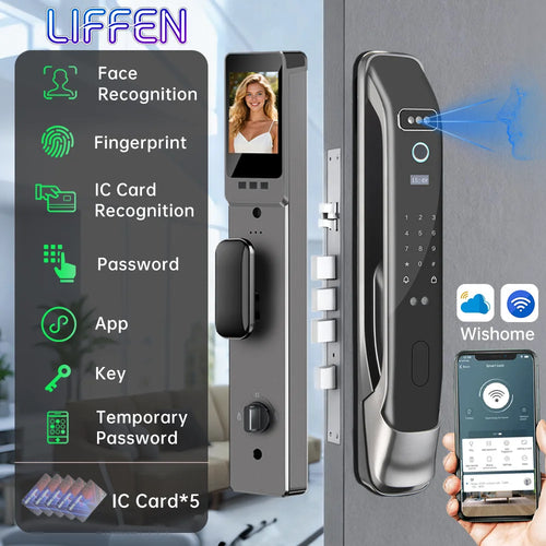 Smart digital door lock with camera screen, keypad, and fingerprint sensor on silver body