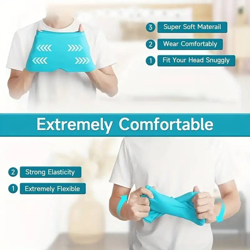 Blue gel ice pack migraine hat showing flexible, elastic, and soft material for comfortable headache relief.