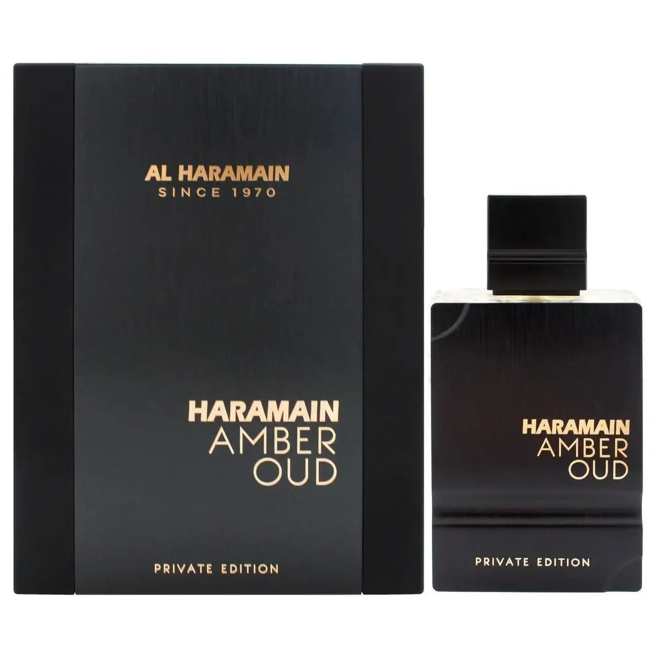 Al Haramain Amber Oud Private Edition: 60ml unisex oriental floral oud perfume in a sleek black square bottle.