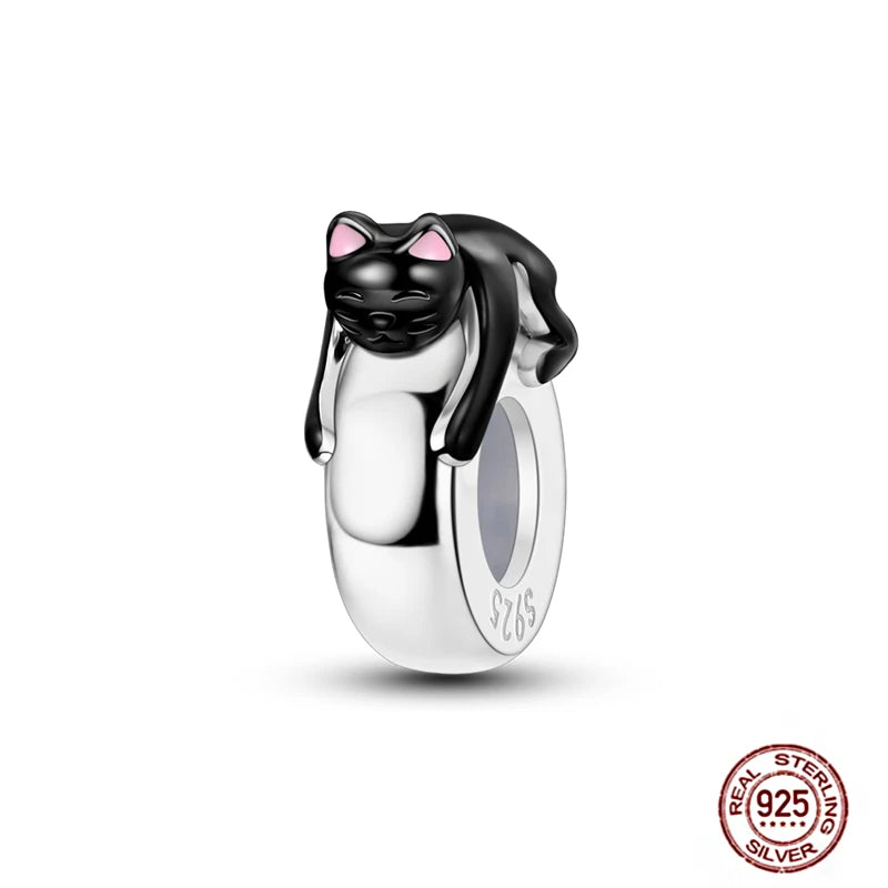 Black and white cat charm, 925 sterling silver, fits bracelet. Cute cat jewelry for pet lovers.